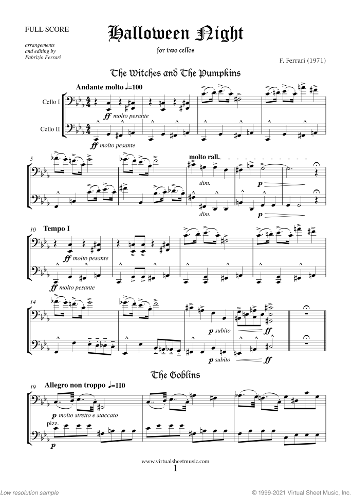 Halloween Sheet Music for two cellos, classical score, intermediate/advanced duet