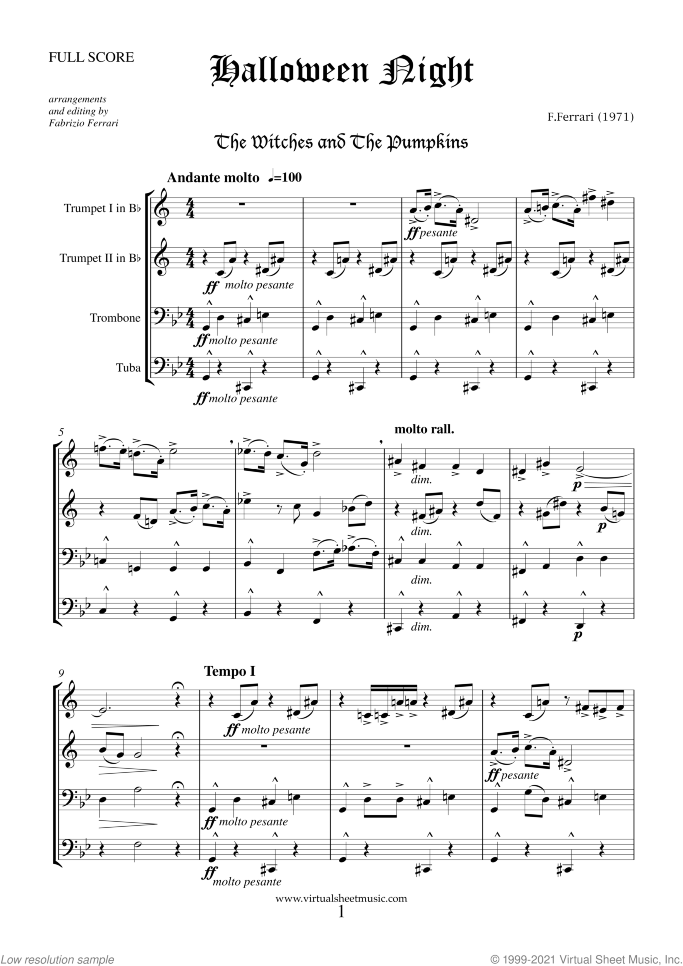 Halloween Sheet Music (f.score) for brass quartet, classical score, intermediate/advanced skill level
