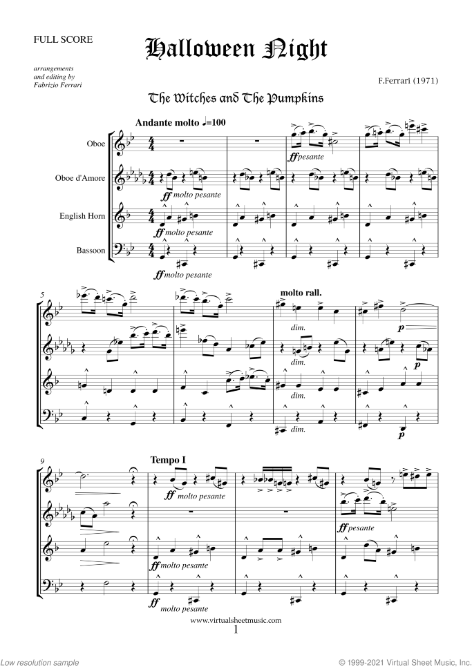 Halloween Sheet Music (f.score) for double reed quartet, classical score, intermediate/advanced skill level