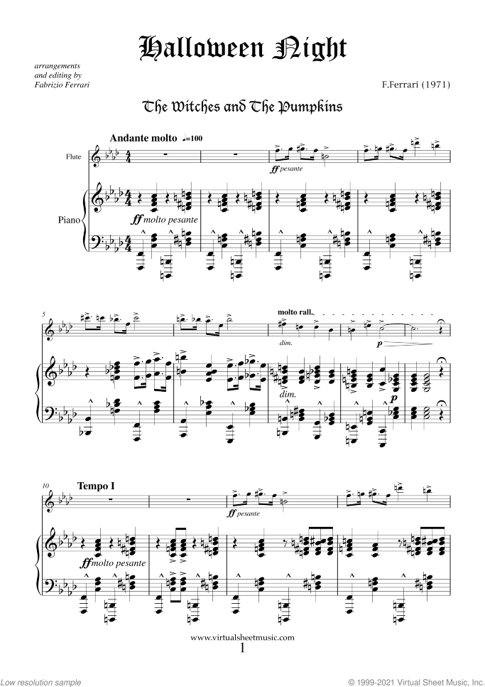 Halloween Sheet Music for flute and piano, classical score, intermediate/advanced skill level