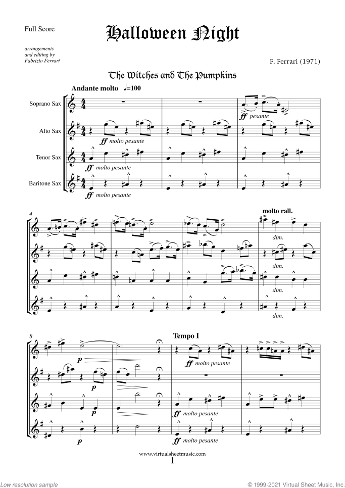 Halloween Sheet Music (f.score) for saxophone quartet, classical score, intermediate/advanced skill level