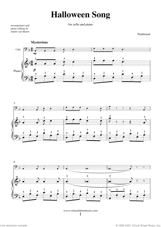 Halloween Song sheet music for cello and piano, easy skill level