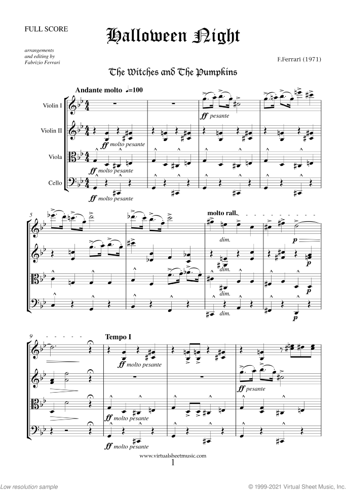 Halloween Sheet Music (f.score) for string quartet, classical score, intermediate/advanced skill level