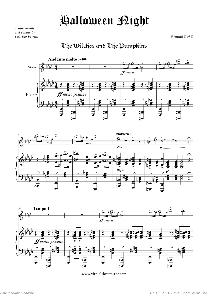 Halloween Sheet Music for violin and piano, classical score, intermediate/advanced skill level