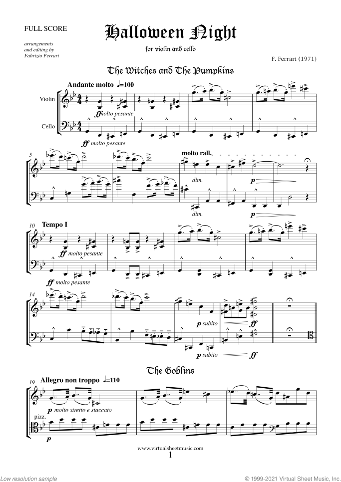 Halloween Sheet Music for violin and cello, classical score, intermediate/advanced duet