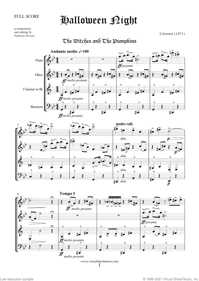 Halloween Sheet Music (f.score) for wind quartet, classical score, intermediate/advanced skill level