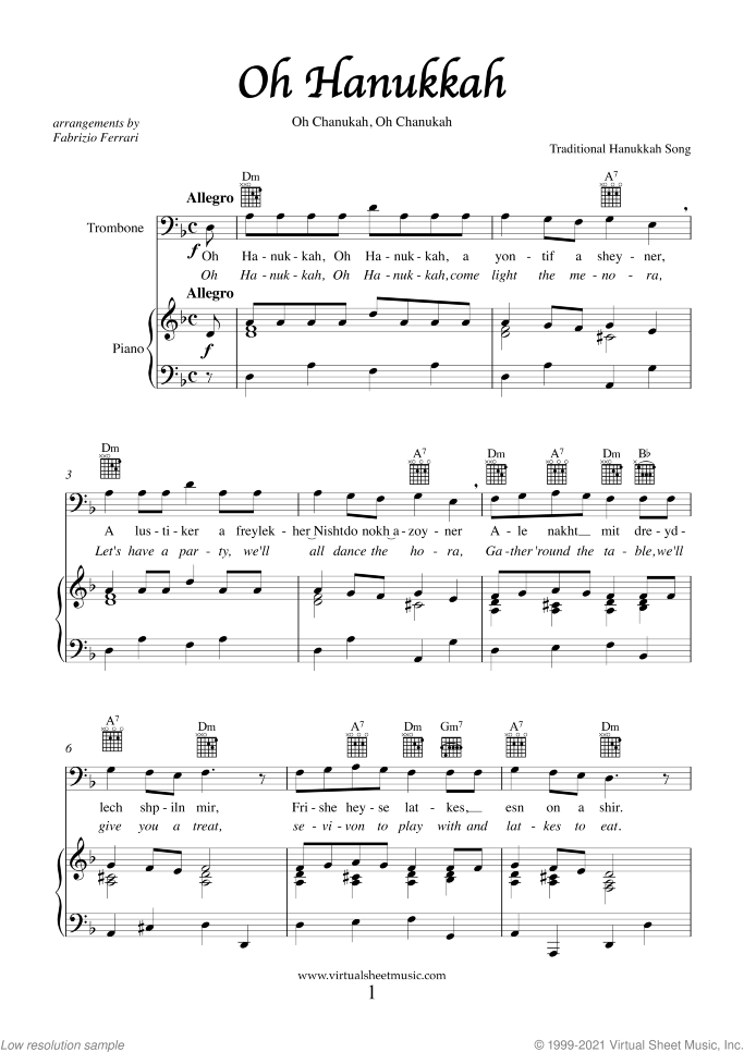 Hanukkah Songs Collection (Chanukah songs) sheet music for trombone and piano, easy/intermediate skill level