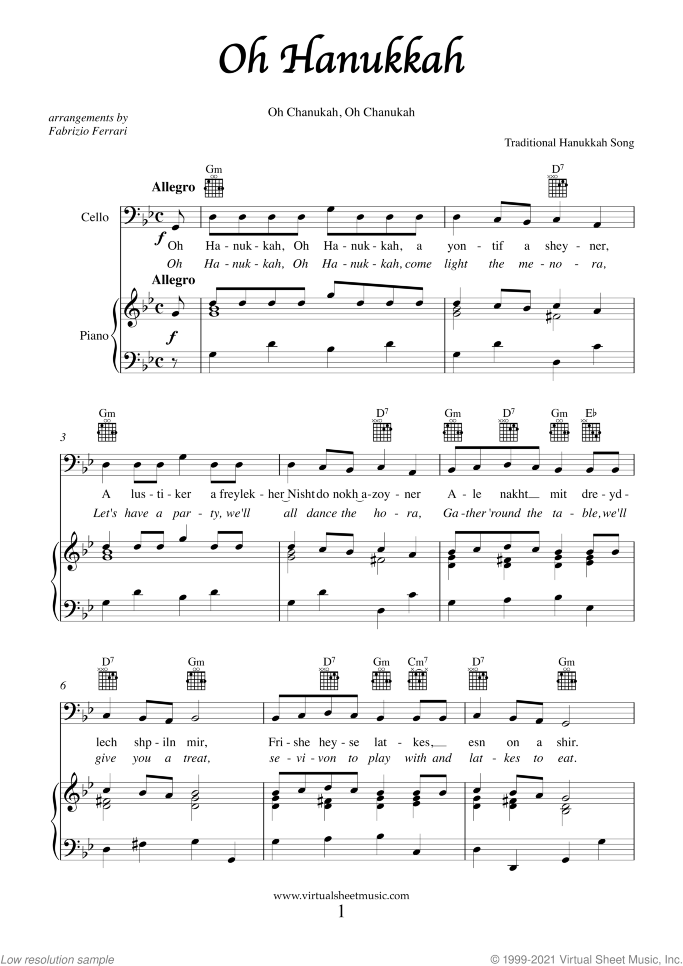 Hanukkah Songs Collection (Chanukah songs) sheet music for cello and piano, easy skill level