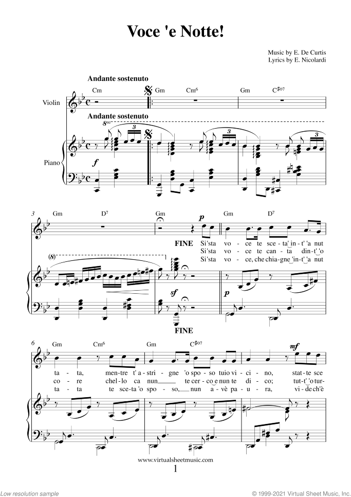 Neapolitan Songs sheet music for violin and piano, classical score, easy skill level