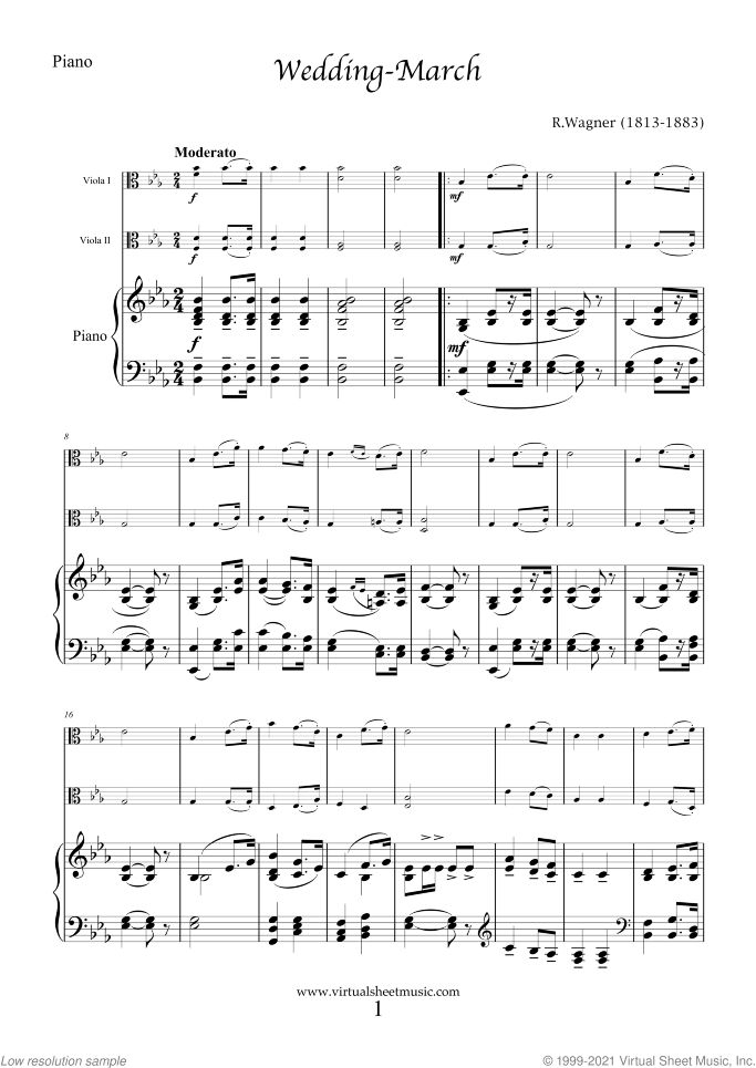 Wedding Sheet Music for two violas and piano, classical wedding score, intermediate skill level
