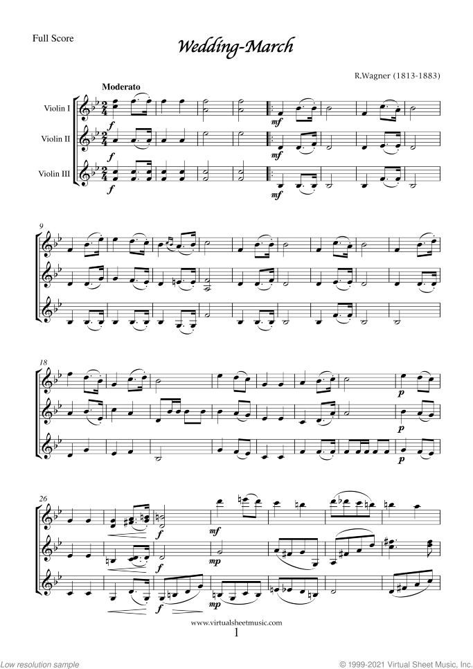 Wedding Sheet Music (f.score) for three violins, classical wedding score, intermediate skill level