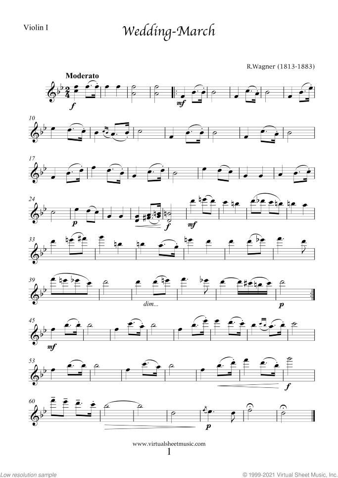 Wedding Sheet Music (parts) for three violins, classical wedding score, intermediate skill level