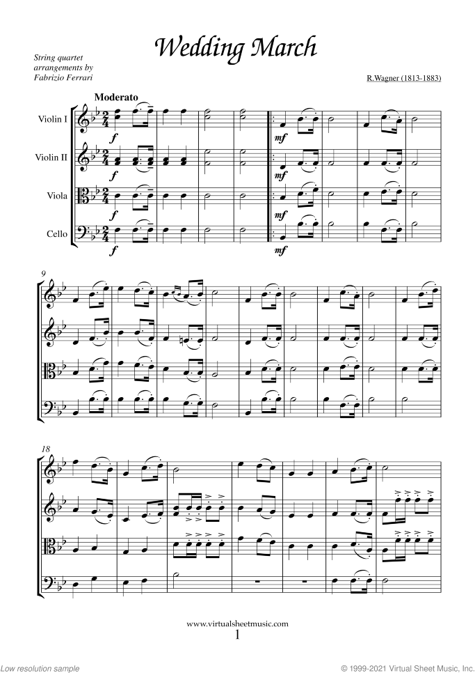 Wedding Sheet Music (f.score) for string quartet, classical wedding score, intermediate skill level