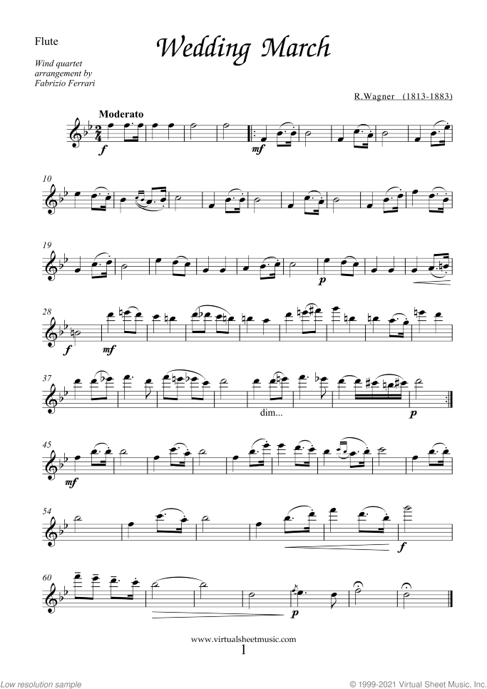 Wedding Sheet Music for wind quartet (1), classical wedding score, intermediate skill level