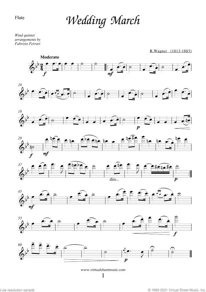 Wedding Sheet Music (parts) for wind quintet, classical wedding score, intermediate skill level