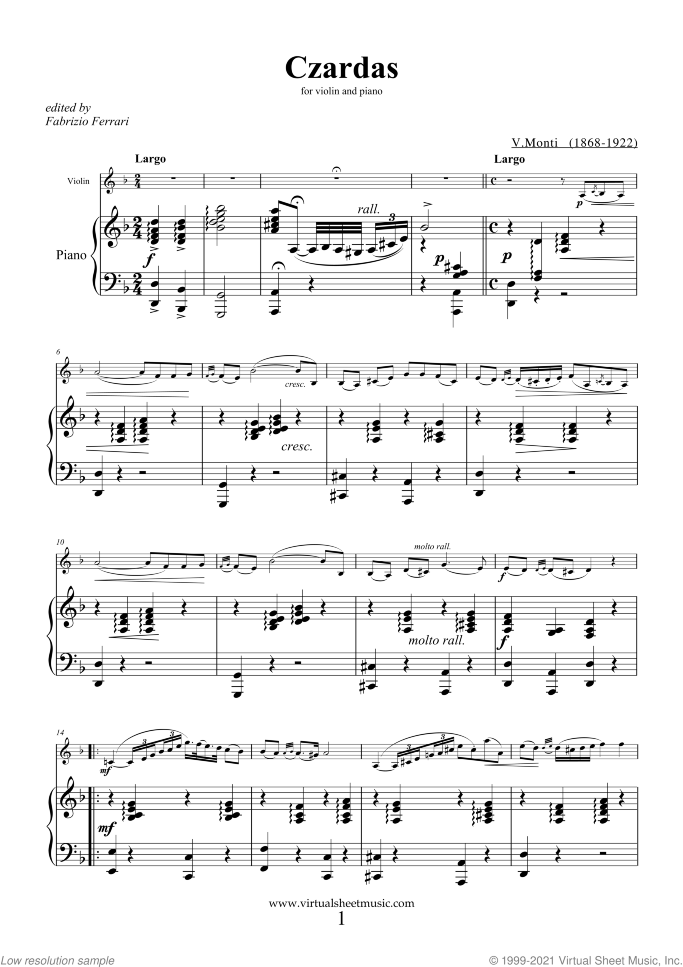 Czardas sheet music for violin and piano by Vittorio Monti, classical score, intermediate skill level