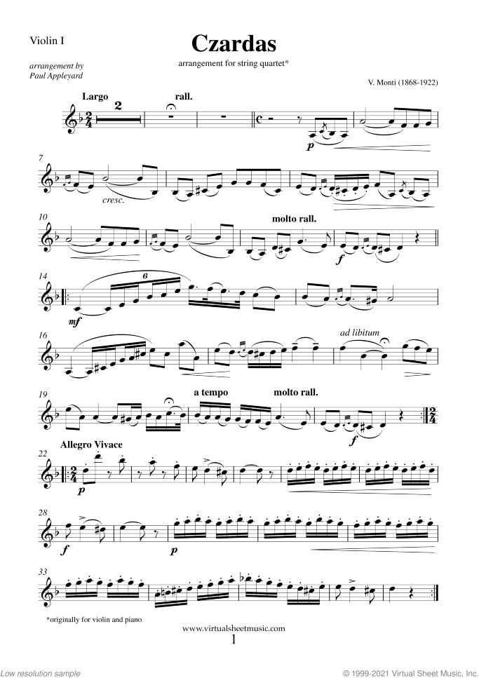 Czardas sheet music for string quartet by Vittorio Monti, classical score, intermediate/advanced skill level
