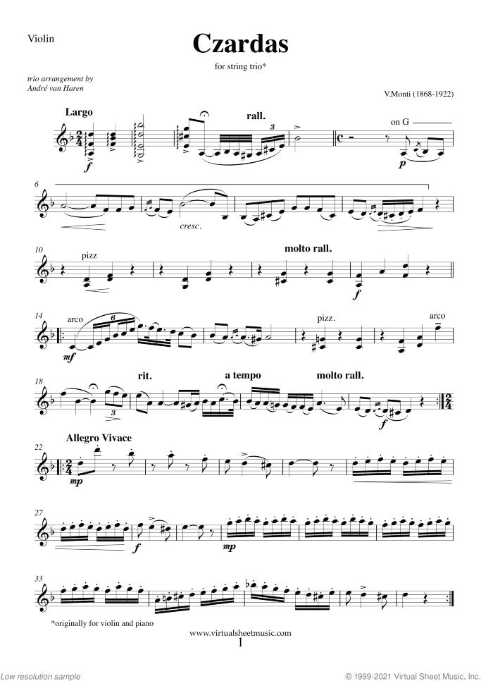 Czardas sheet music for string trio by Vittorio Monti, classical score, intermediate/advanced skill level