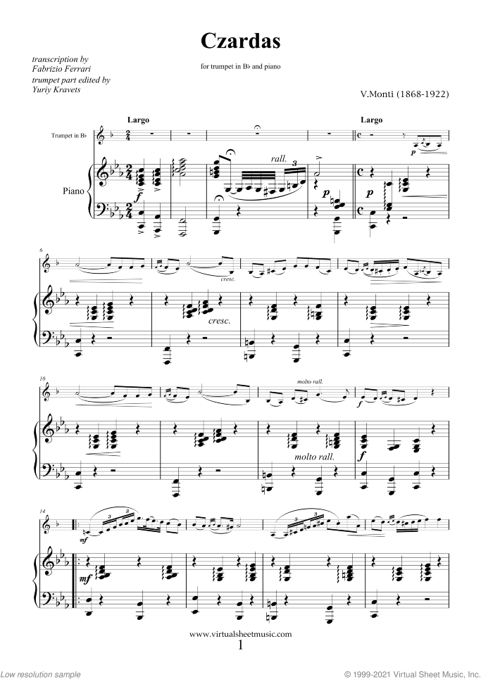 Czardas sheet music for trumpet and piano by Vittorio Monti, classical score, intermediate/advanced skill level