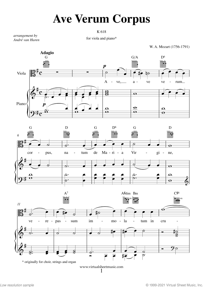Ave Verum Corpus sheet music for viola and piano by Wolfgang Amadeus Mozart, classical score, easy/intermediate skill level