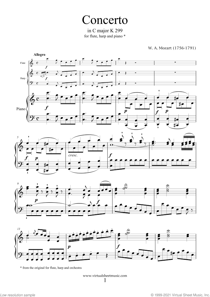 Concerto in C major K299 sheet music for flute, harp and piano by Wolfgang Amadeus Mozart, classical score, intermediate/advanced skill level