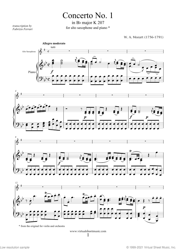 Concerto No. 1 in Bb major K207 sheet music for alto saxophone and piano by Wolfgang Amadeus Mozart, classical score, intermediate/advanced skill level