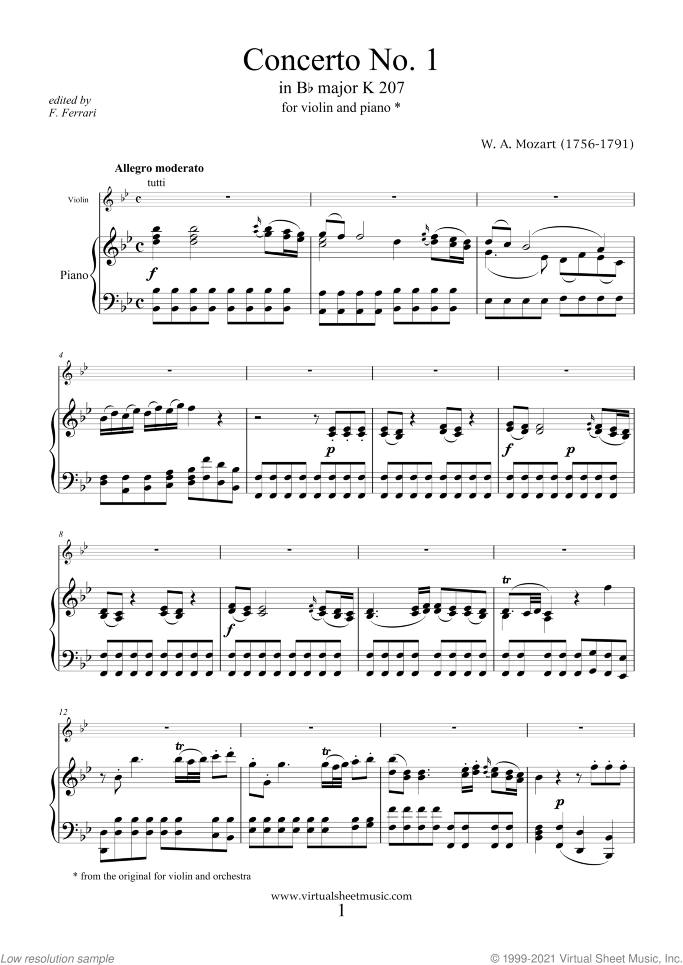 Concerto No. 1 in Bb major K207 sheet music for violin and piano by Wolfgang Amadeus Mozart, classical score, intermediate skill level