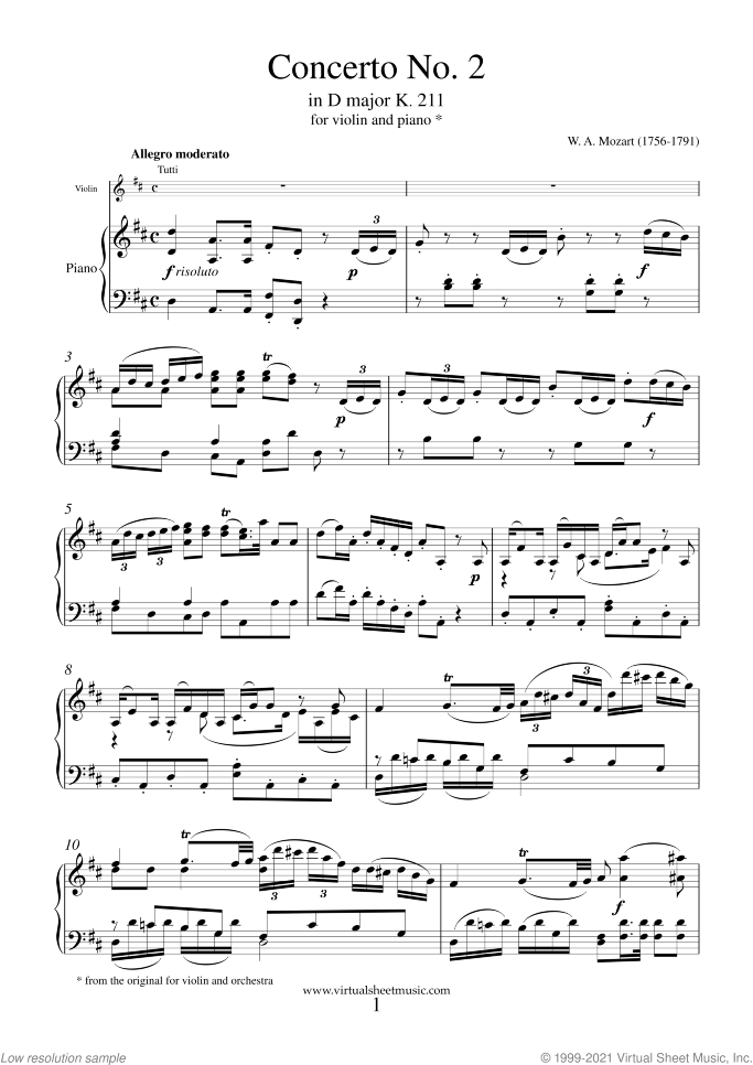 Concerto No. 2 in D major K211 sheet music for violin and piano by Wolfgang Amadeus Mozart, classical score, intermediate skill level