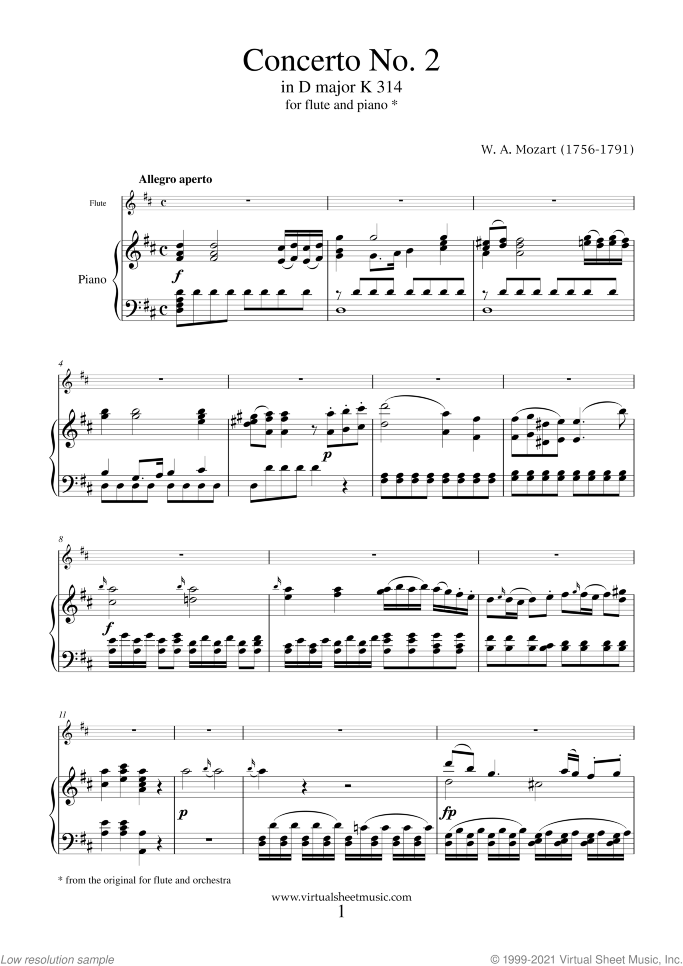 Concerto No.2 in D major K314 (NEW EDITION) sheet music for flute and piano by Wolfgang Amadeus Mozart, classical score, intermediate skill level
