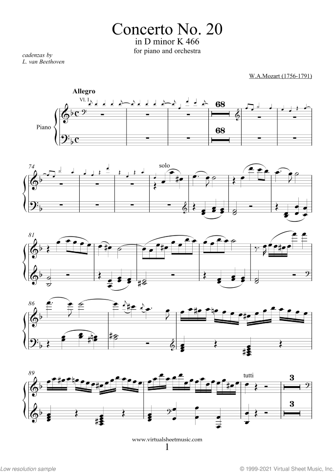 Concerto in D minor No.20 K466 sheet music for piano and orchestra by Wolfgang Amadeus Mozart, classical score, intermediate skill level