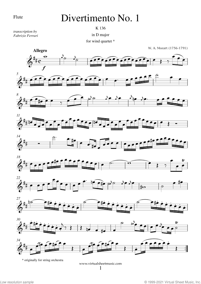 Divertimento No.1 K136 (parts) sheet music for wind quartet by Wolfgang Amadeus Mozart, classical score, intermediate skill level