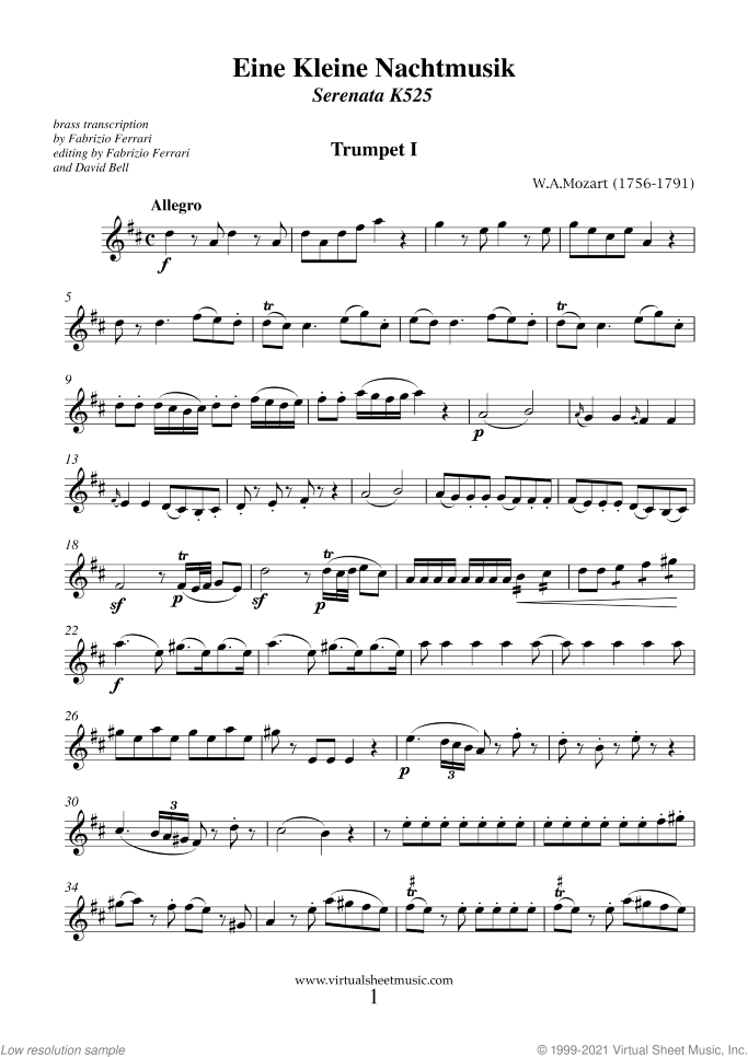 Eine Kleine Nachtmusik (parts) (NEW EDITION) sheet music for brass quartet by Wolfgang Amadeus Mozart, classical score, advanced skill level