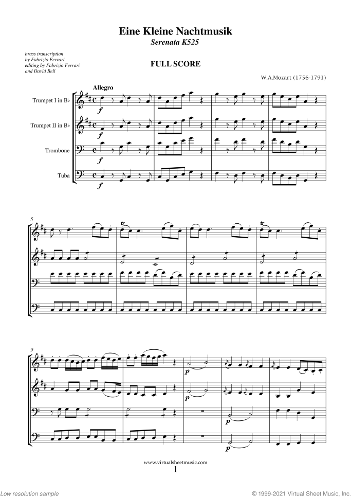 Eine Kleine Nachtmusik (f.score) sheet music for brass quartet by Wolfgang Amadeus Mozart, classical score, advanced skill level