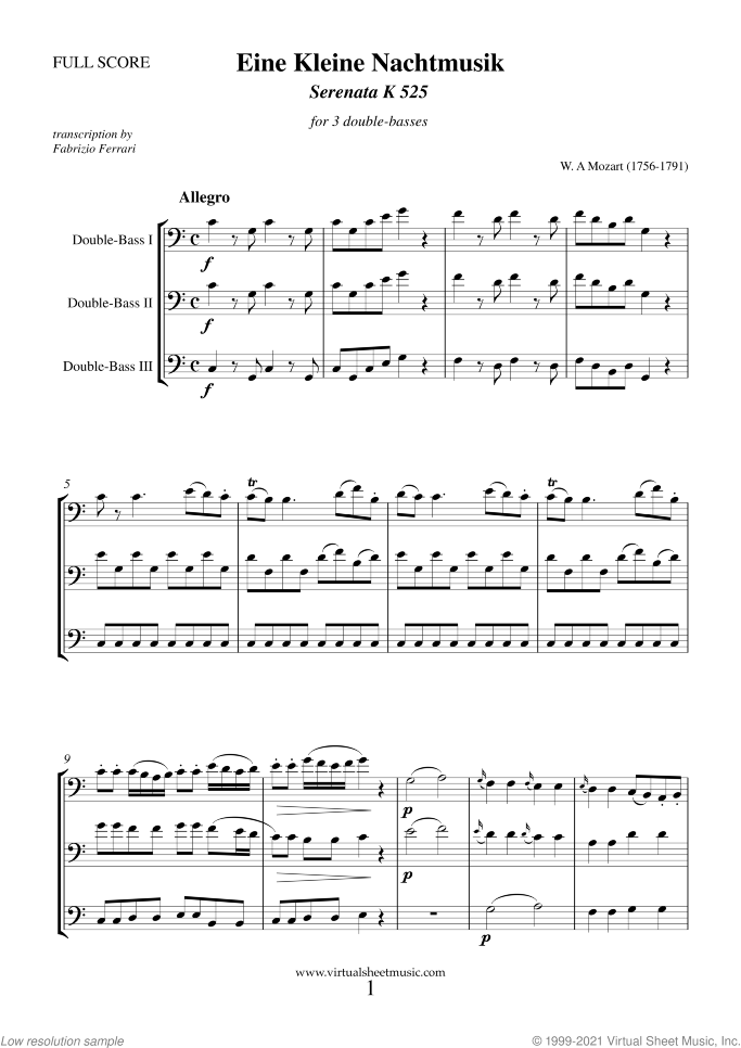 Eine Kleine Nachtmusik (f.score) sheet music for 3 double-basses by Wolfgang Amadeus Mozart, classical score, intermediate/advanced skill level