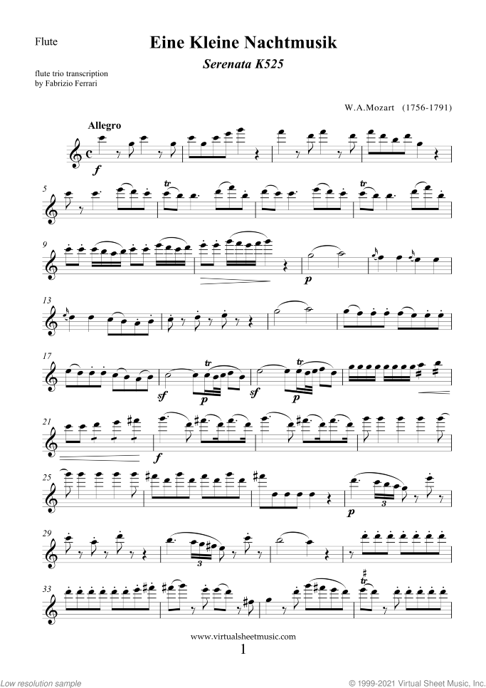 Eine Kleine Nachtmusik (parts) sheet music for flute trio by Wolfgang Amadeus Mozart, classical score, intermediate/advanced skill level