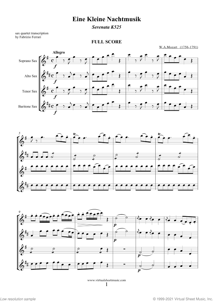 Eine Kleine Nachtmusik (f.score) sheet music for saxophone quartet by Wolfgang Amadeus Mozart, classical score, intermediate skill level