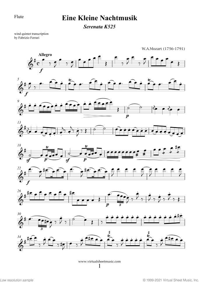 Eine Kleine Nachtmusik (parts) sheet music for wind quintet by Wolfgang Amadeus Mozart, classical score, advanced skill level
