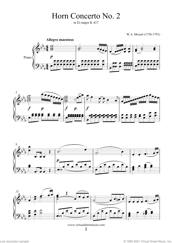 Concerto No.2 K417 in Eb major sheet music for horn and piano by Wolfgang Amadeus Mozart, classical score, intermediate skill level
