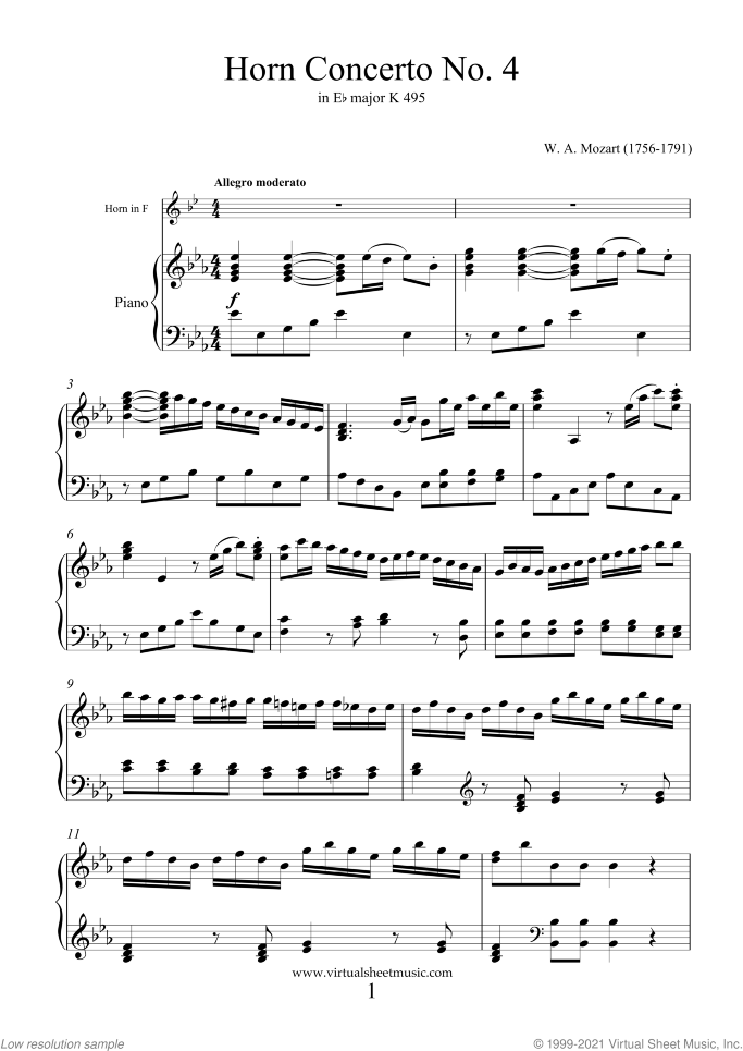 Concerto No.4 K495 in Eb major sheet music for horn and piano by Wolfgang Amadeus Mozart, classical score, intermediate skill level