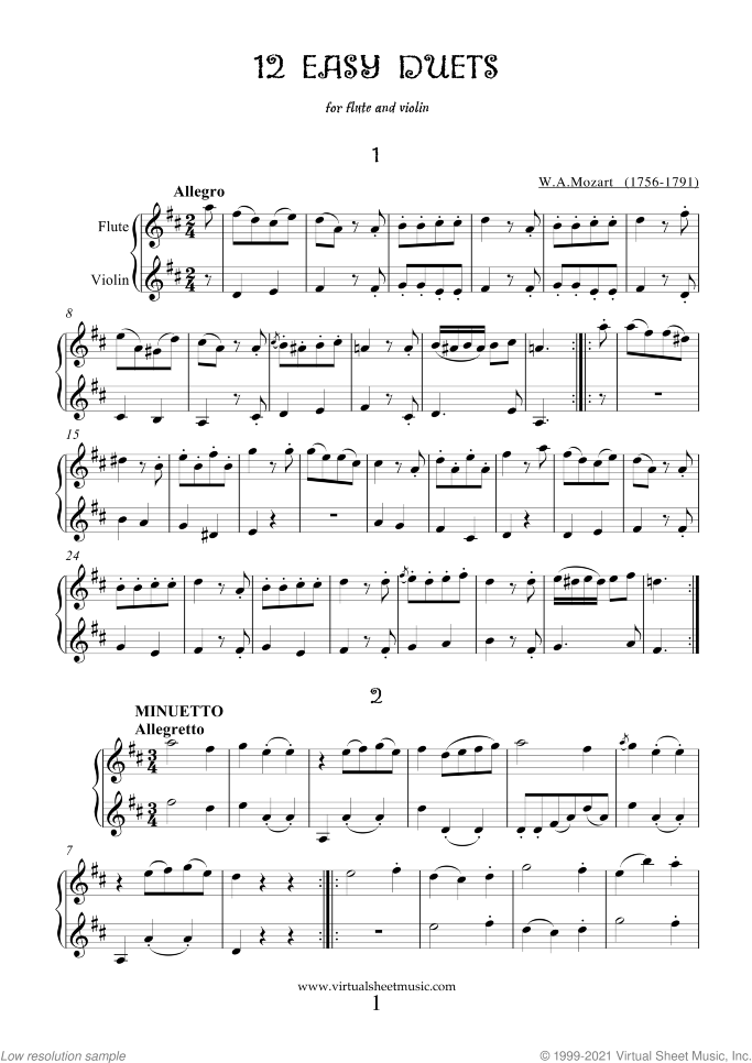 Easy Duets sheet music for flute and violin by Wolfgang Amadeus Mozart, classical score, easy duet