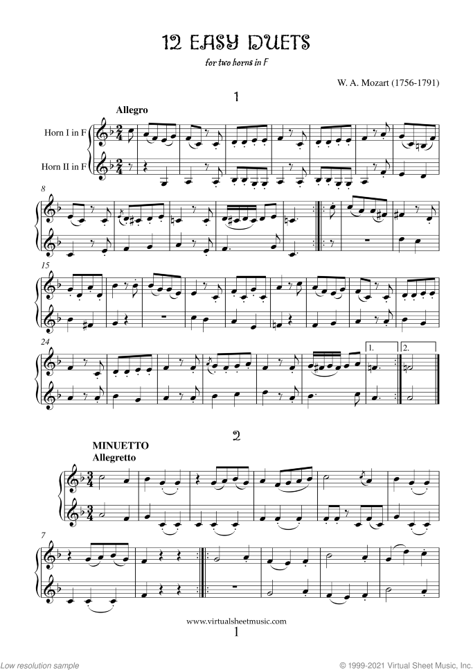 Easy Duets sheet music for two horns by Wolfgang Amadeus Mozart, classical score, intermediate duet