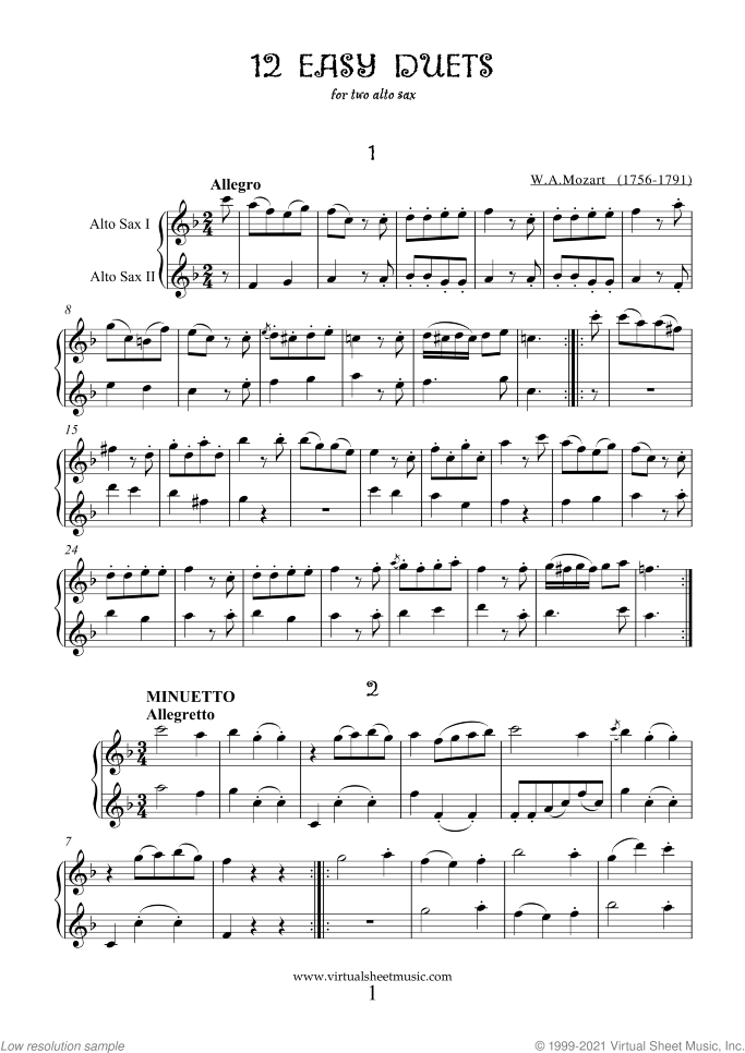 Easy Duets sheet music for two alto saxophones by Wolfgang Amadeus Mozart, classical score, easy duet