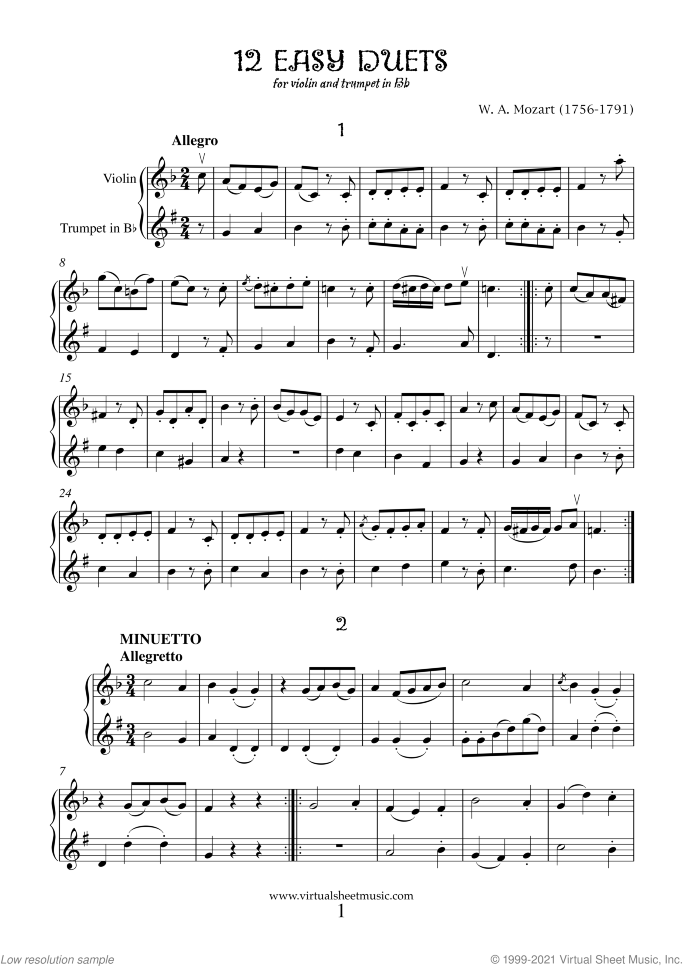 Easy Duets sheet music for violin and trumpet by Wolfgang Amadeus Mozart, classical score, easy duet