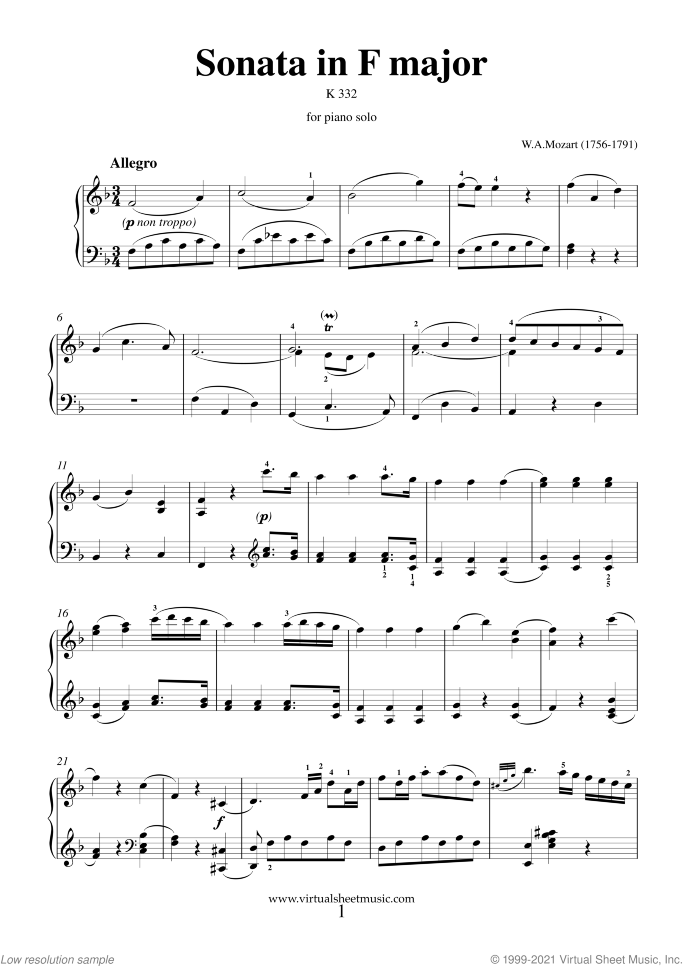 Sonata in F major K332 sheet music for piano solo by Wolfgang Amadeus Mozart, classical score, easy/intermediate skill level