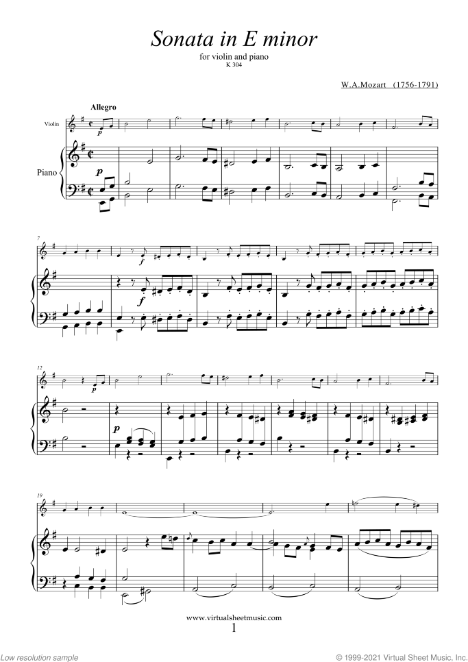 Sonata in E minor K304 sheet music for violin and piano by Wolfgang Amadeus Mozart, classical score, intermediate skill level