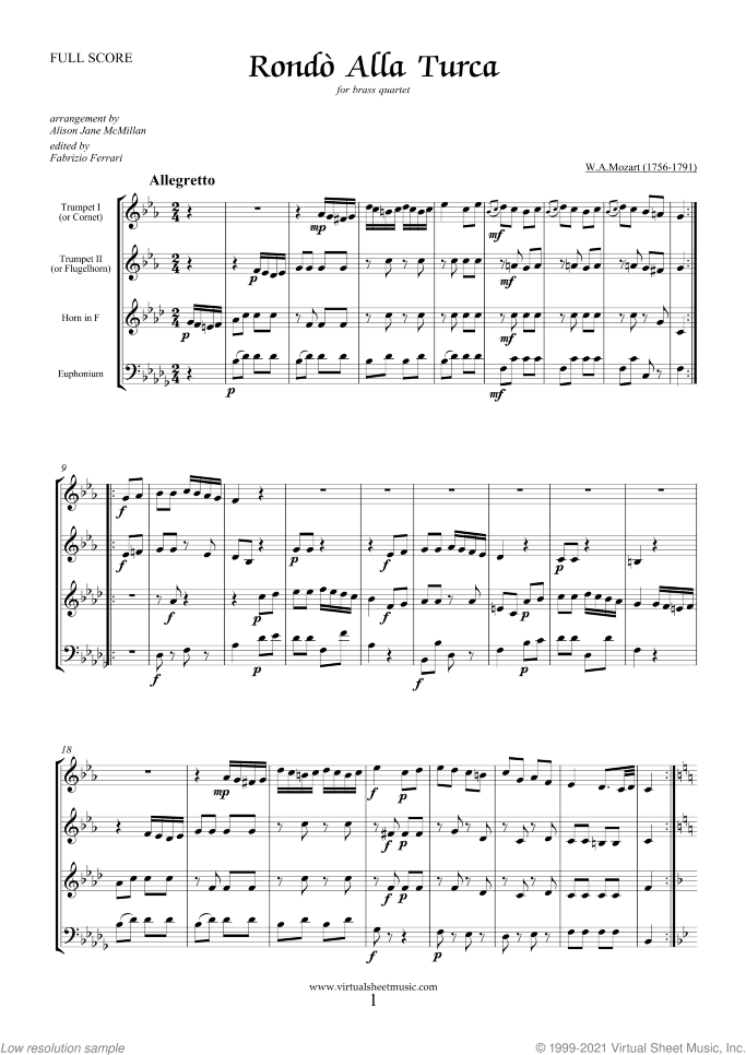 Rondo "Alla Turca" - Turkish March (f.score) sheet music for brass quartet by Wolfgang Amadeus Mozart, classical score, intermediate/advanced skill level