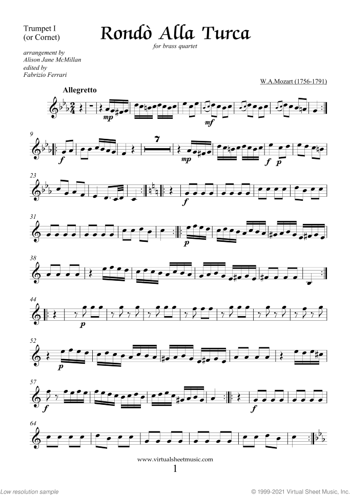 Rondo "Alla Turca" - Turkish March (parts) sheet music for brass quartet by Wolfgang Amadeus Mozart, classical score, intermediate/advanced skill level