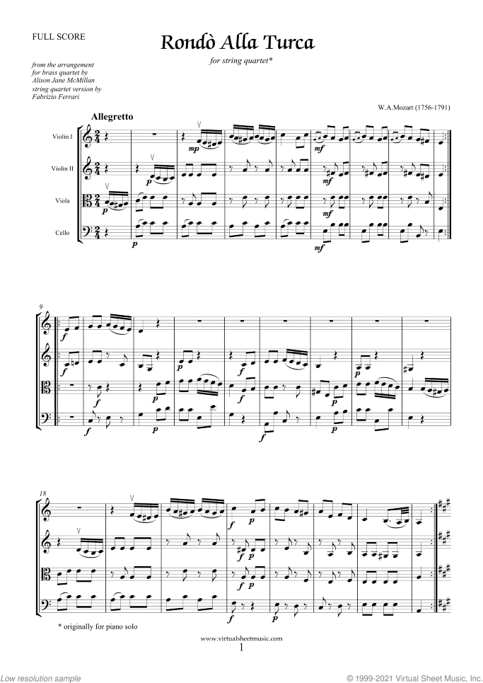 Rondo "Alla Turca" - Turkish March (f.score) sheet music for string quartet by Wolfgang Amadeus Mozart, classical score, intermediate/advanced skill level