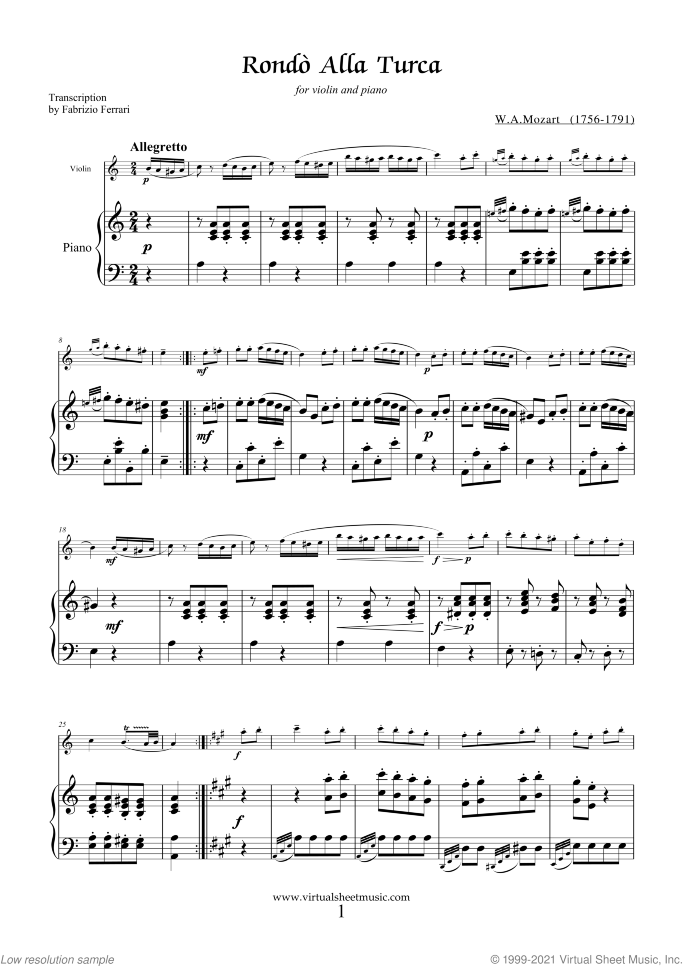 Rondo "Alla Turca" - Turkish March sheet music for violin and piano by Wolfgang Amadeus Mozart, classical score, intermediate skill level