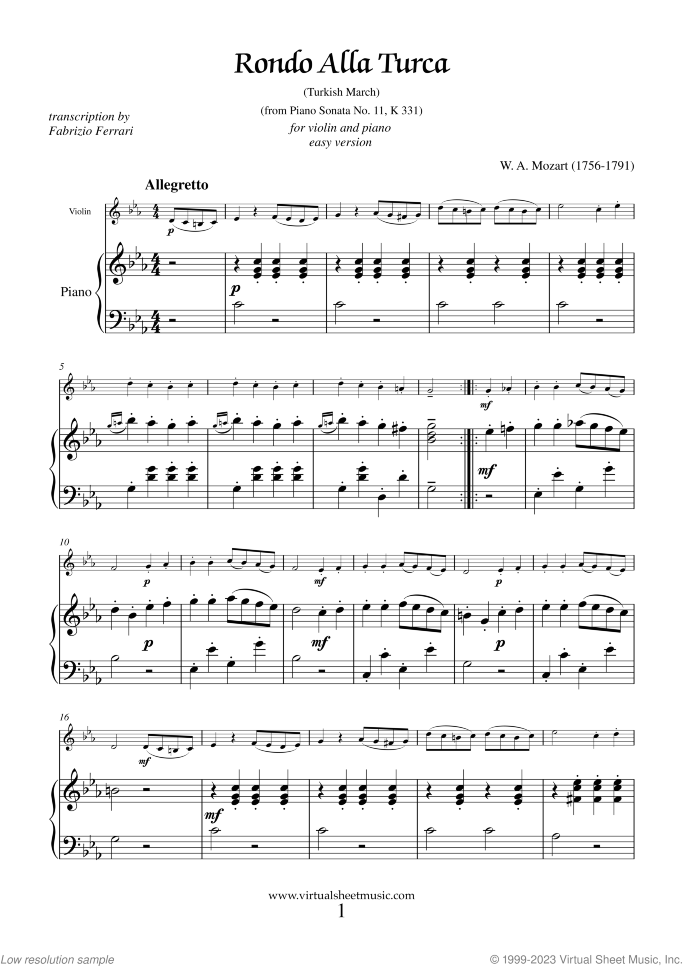 Rondo "Alla Turca" - Turkish March (easy version) sheet music for violin and piano by Wolfgang Amadeus Mozart, classical score, easy skill level